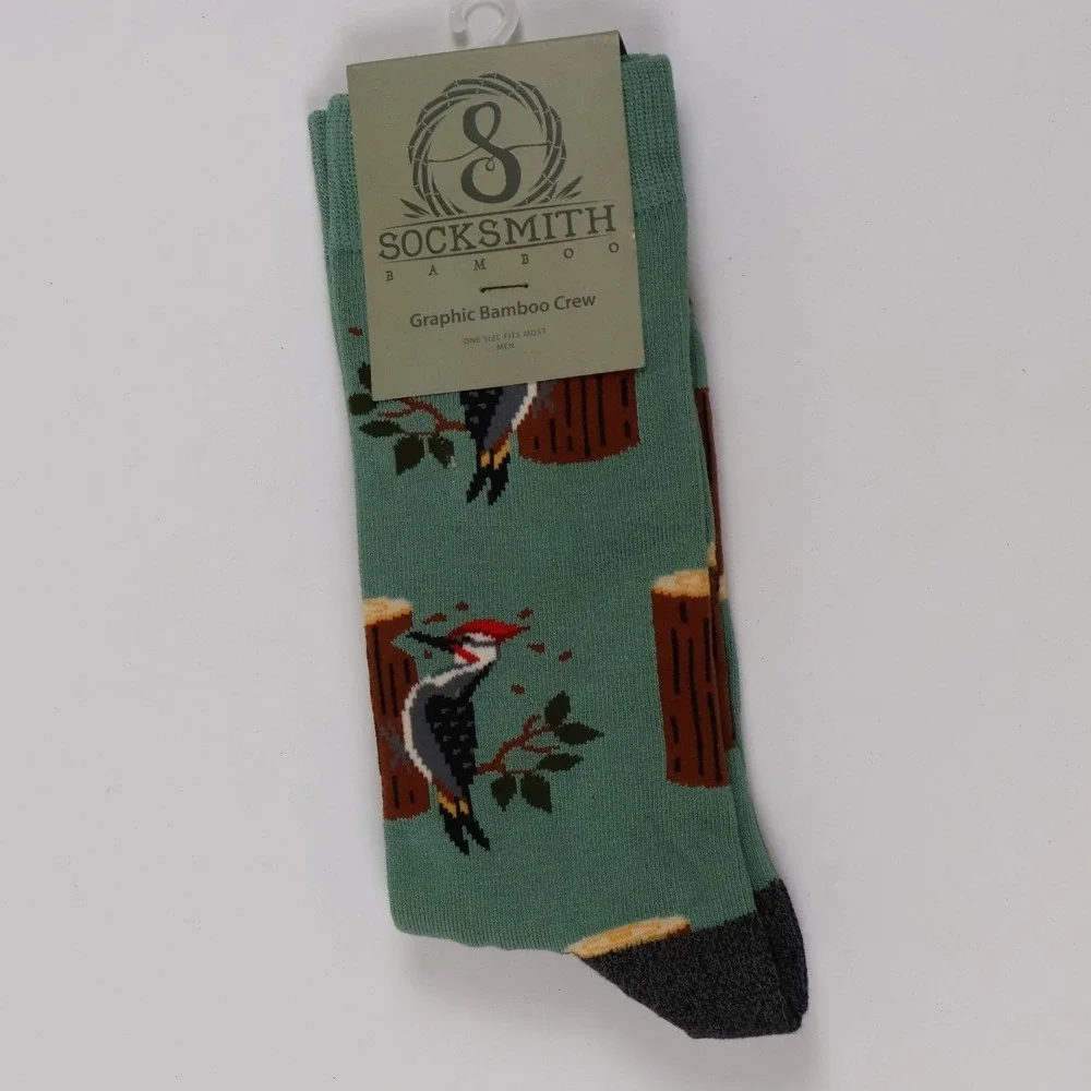 Socksmith Mens Woodpecker Graphic Bamboo Crew Socks Green Novelty OS NWT
